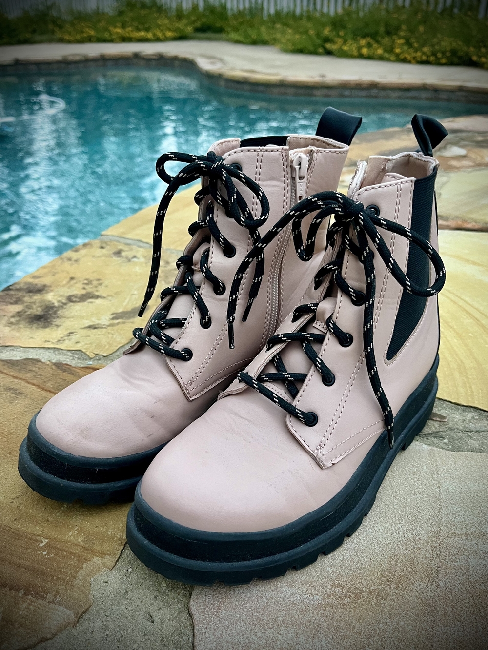 Blush Pink Lace-Up Combat Boots with Black Sole